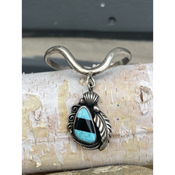Signed Navajo Sterling Silver Turquoise Onyx Inlay Cuff Bracelet Sweater Drop - Picture 3 of 7